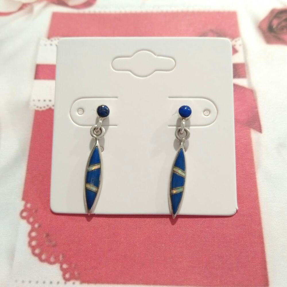 925 Sterling Silver Dangle Drop Earrings Posts Lapis Lazuli Abalone Signed MD